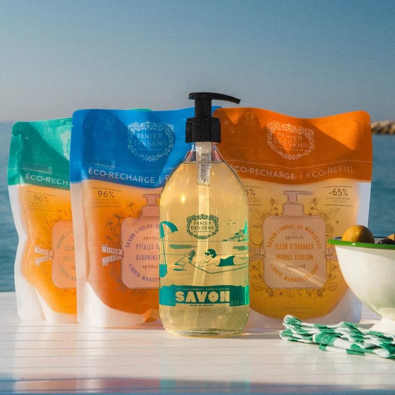 Savon liquide de Marseille Olive Édition limitée 25 ans + 3 recharges - Fleur d'Oranger, Verveine et Pétales d'iris