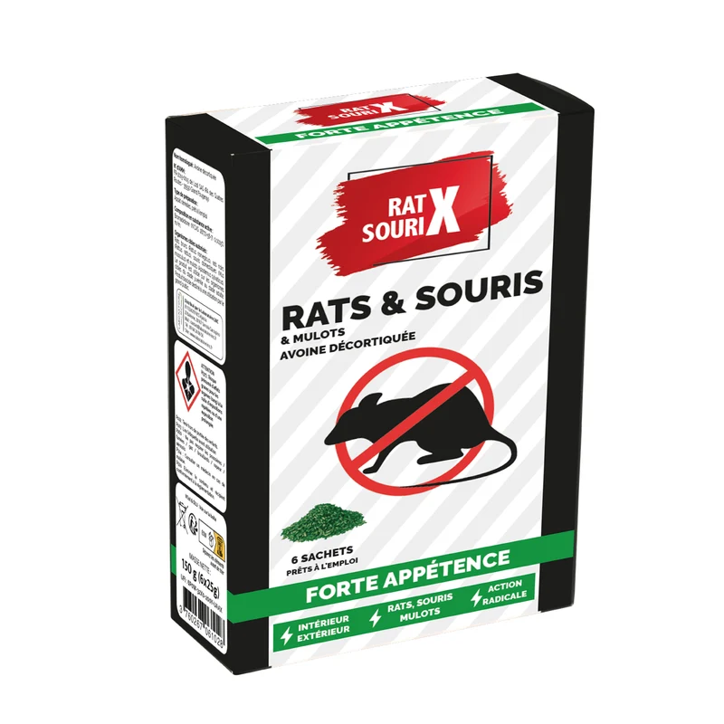 RatX SouriX Avoine Décortiquées – Appât Céréales 150g – Anti-Rats, Souris et Mulots – Intérieur/Extérieur Fabriqué en France