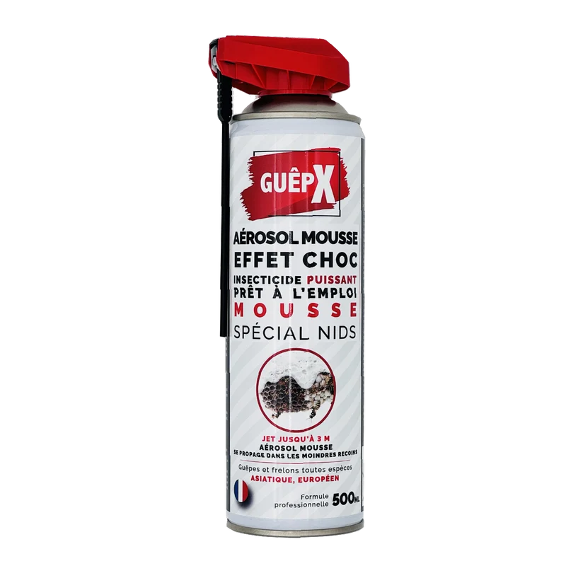 GuêpX Aérosol Mousse 500mL – Jet Mousse 3m – Insecticide Choc Nids de Guêpes et Frelons - Fabriqué en France