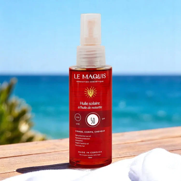 Huile Solaire SPF50 et SPF 30 Le Maquis à l'huile de noisette de Corse 100ml