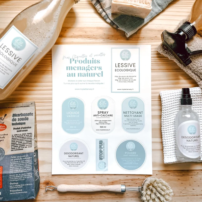 Étiquettes autocollantes recettes produits ménagers — 7 stickers prêts à coller sur tes flacons