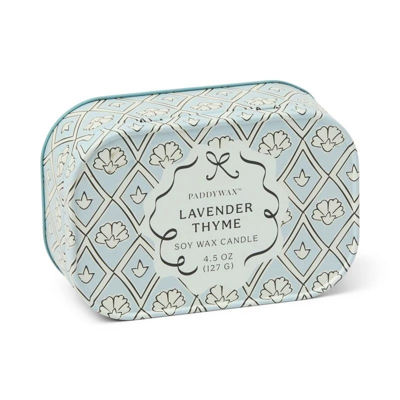 Candela in Latta Stampata Cherie 127g Blu e Bianco Lavanda e Timo Paddywax