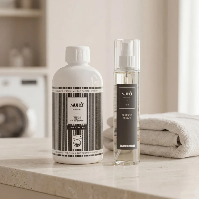 Set Profumatore Ambiente e Spray Bucato Fiori di Cotone 100ml + 250ml Bianco MUHA