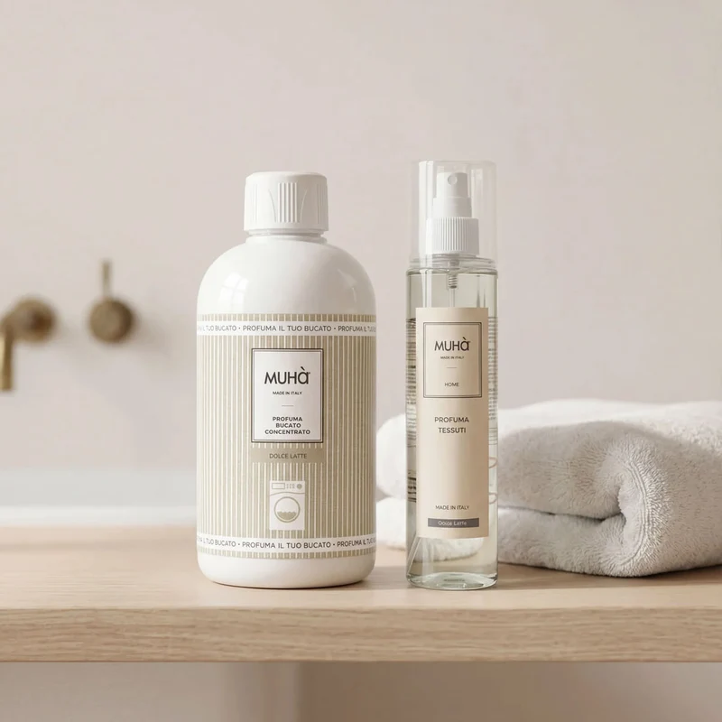 Set Profumatore Ambiente e Spray Bucato Dolce Latte 100ml + 250ml Bianco MUHA