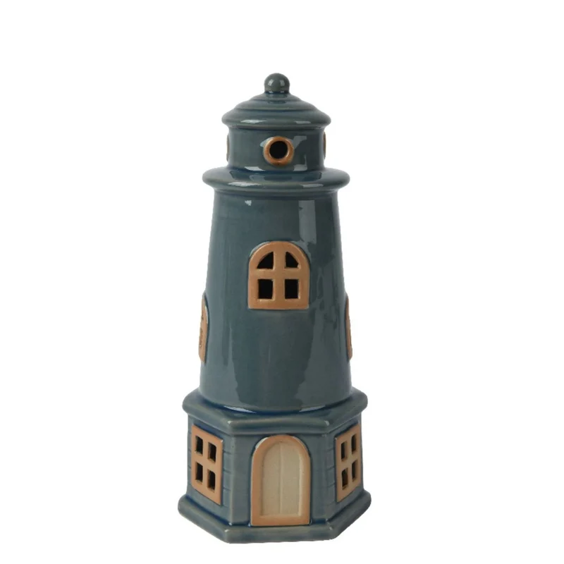 PORTACANDELE FARO BLU H22 CM IN PORCELLANA